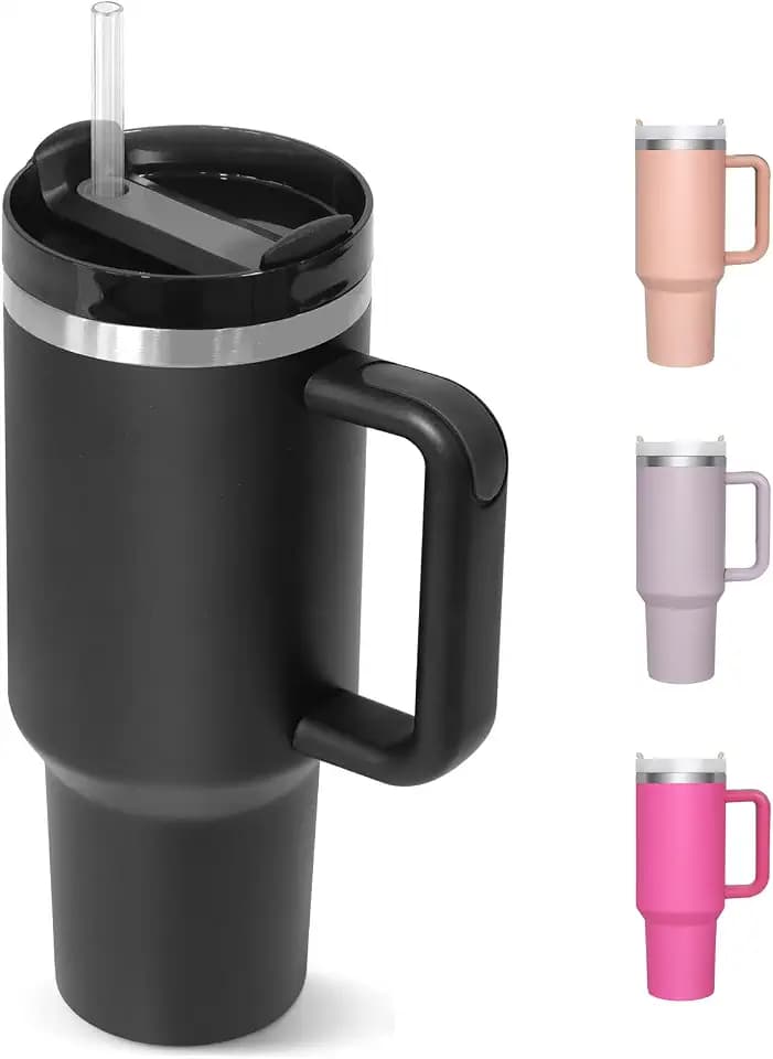 Thermobecher mit Strohhalm 1180ML, Termokaffeebecher to go, Trinkbecher mit Deckel und Strohhalm, Edelstahl Isolierbecher mit Griff, Tumbler Cup für Kalte Heiße Getränke Thermo Becher