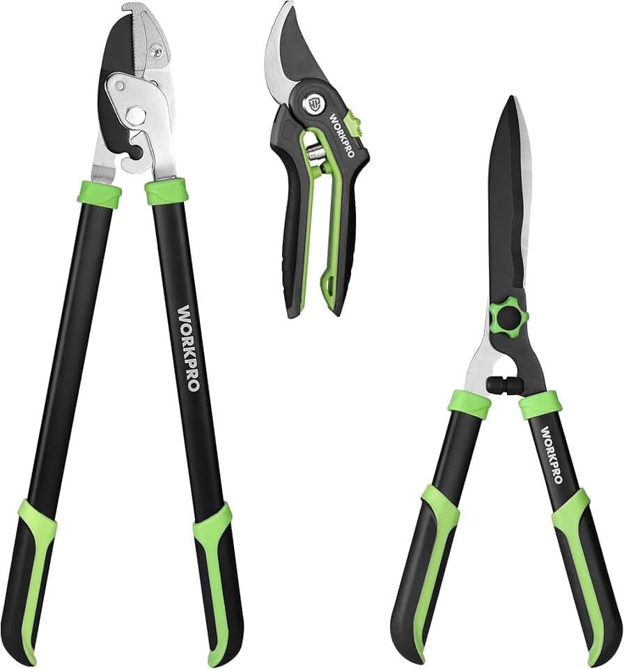 WORKPRO Gartenscheren-Set 3-tlg, Bypass Gartenschere, 51 cm Heckenschere & 61 cm Astschere, Profi-Pflege-Set für Sträucher, Büsche & Äste, Antihaft-Klingen, ergonomische Griffe