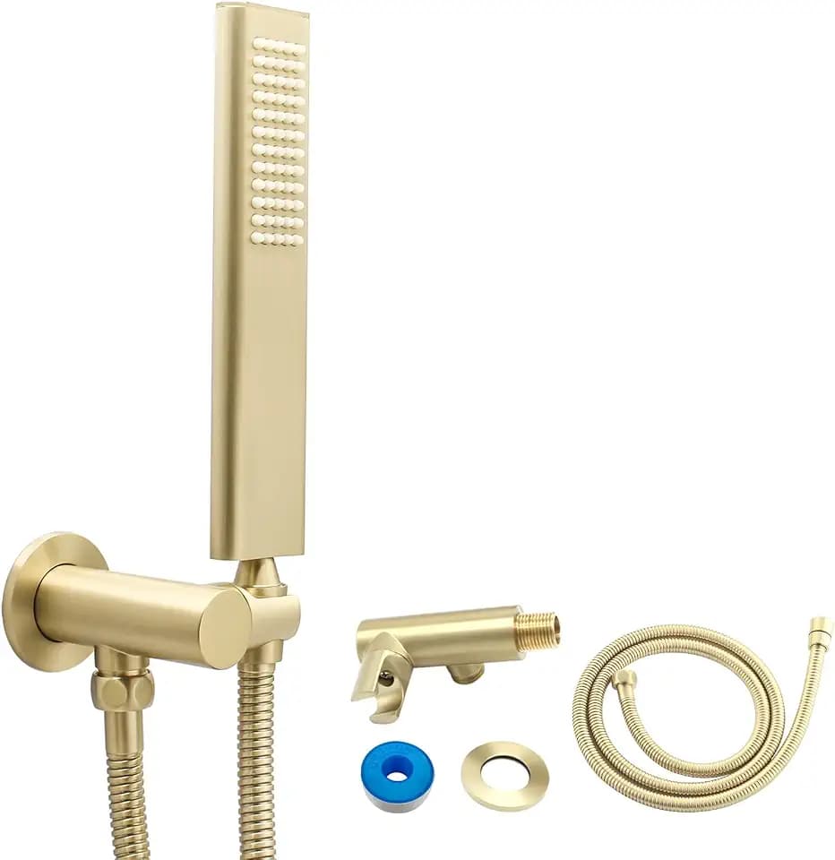 Solid Brass Handheld Shower Head Arc Design High Pressure Brushed Gold Hand Shower Wand with Adjustable Supply Elbow Wall Connector Shower Holder and 59″ Stainless Steel Hose Set