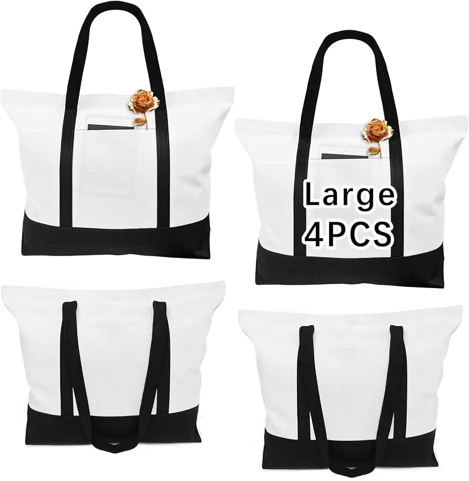 OKBA 4 PCS Stylish canvas tote bags for women,blank large size tote bag With zipper,sublimation tote bag with pockets (Black/white*4PCS)