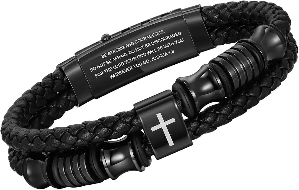 Christian Black Leather Bracelet for Men, Braided Leather Cross Adjustable