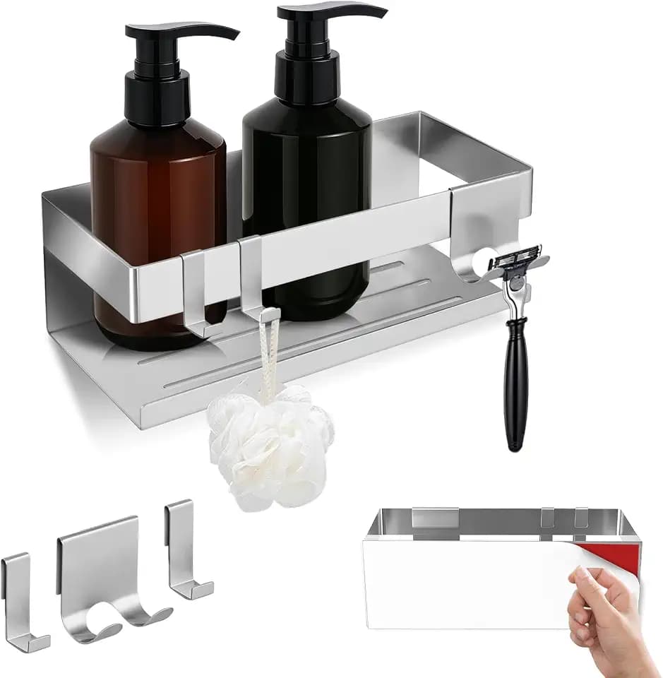 Duschablage ohne Bohren – Badregal 23 x 10 x 8 cm mit 2 Haken und Rasiererhalter, 2 Montagemöglichkeiten, Edelstahlablage für Küche, Bad und Waschbecken, Silber