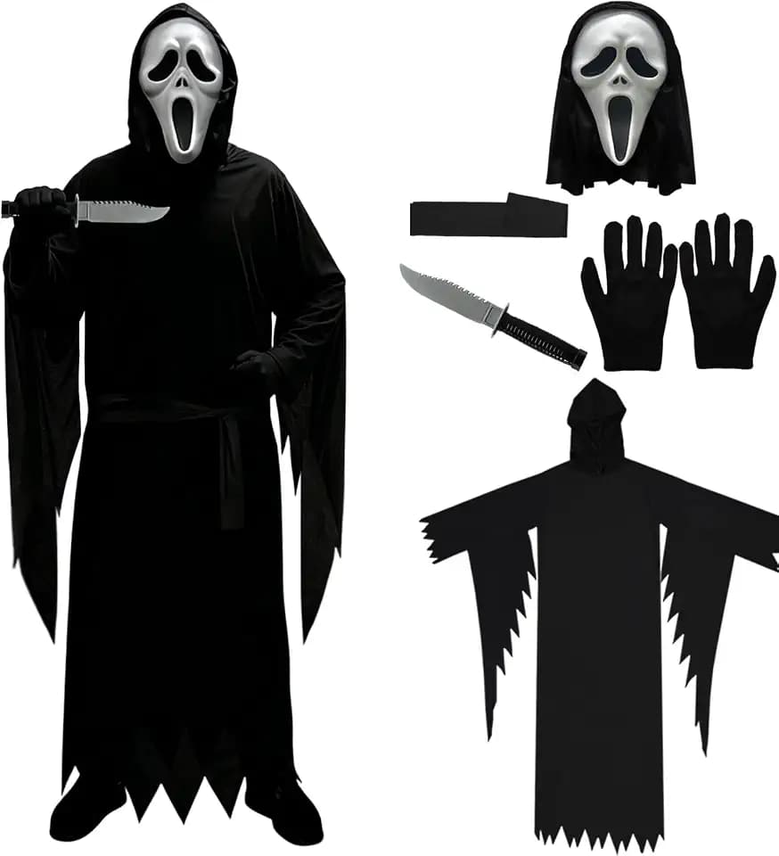 Halloween Schrei Kostüm, Gruseliges Geistergesicht Cosplay Kostüm, mit Spielzeugmesser Maske Handschuhen Gürtel, für Halloween Kostümparty