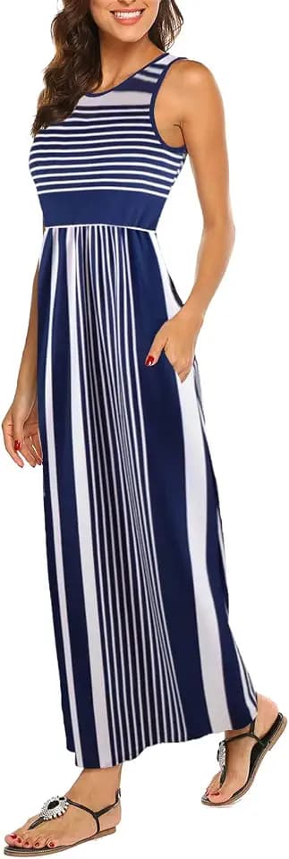 BDTECAOR Lässige Sommerkleider für Die Abschlussfeier Lange Maxikleid mit Taschen Marineweiß XXL