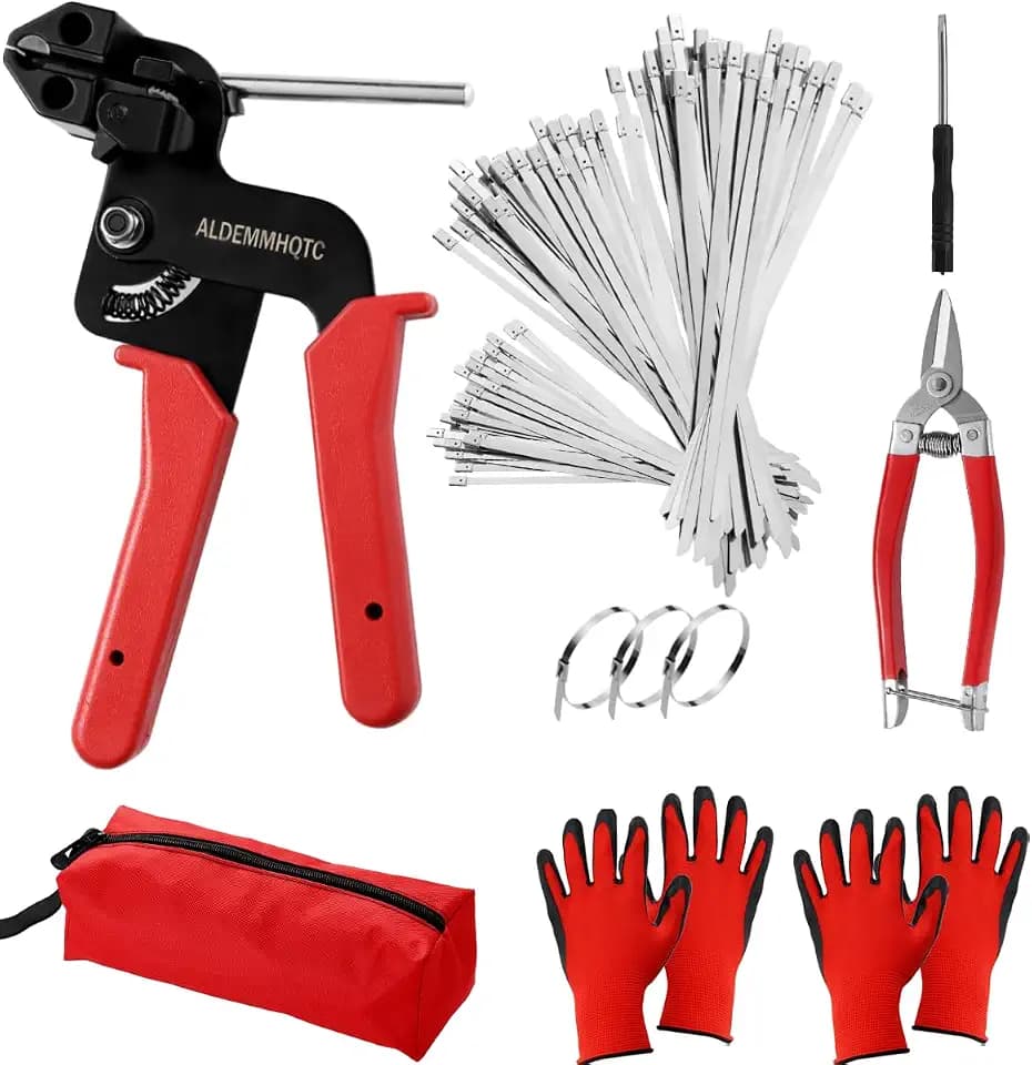 Metal Zip Tie Tool 300PCS (100 Each: 7.8/12/15.7 Inch) Stainless Steel Cable Tie Gun Kit | Self-Locking Fastening & Cutting Tool Metal Zip Tie Gun for Fencing, Exhaust Pipes, Automotive (Red)
