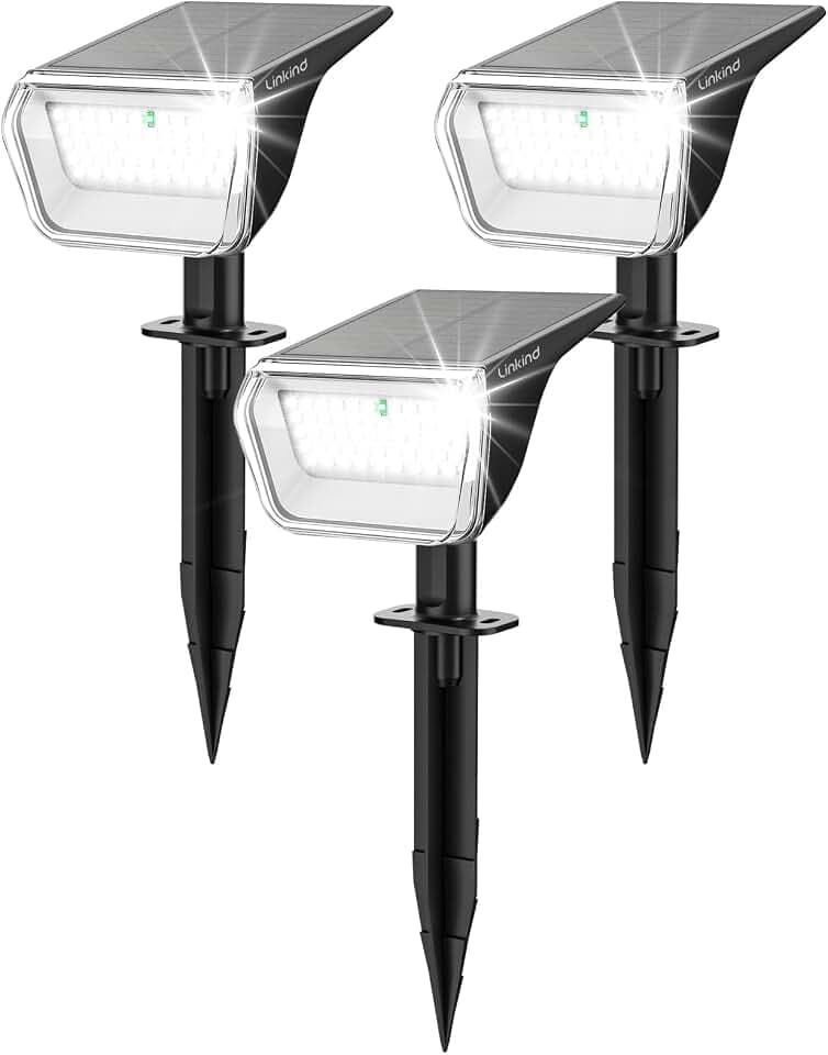 Linkind 60 Led Solarstrahler für außen Garten 800Lm, 6500K Tageslicht Gartenlampe mit Lade-Anzeige, 135°einstellbar Baumstrahler mit S-klasse Batterie, IP67 wetterfest Solar Baumbeleuchtung, 3 Stück