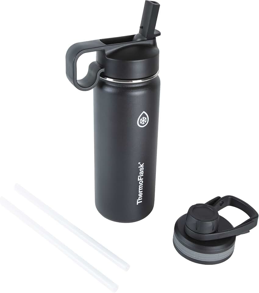 ThermoFlask 18 oz Double Wall Vacuum Insulated Stainless Steel Water Bottle - Reusable with Leakproof Chug & Straw Lids - Keeps Drinks Cold 24 hr/Hot 12 hr - Easy Maintenance - Gym/On-the-Go, Black
