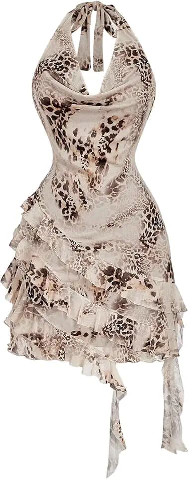 Floerns Women's Cheetah Draped Halter Mini Dress Tiered Ruffle Club Outfits