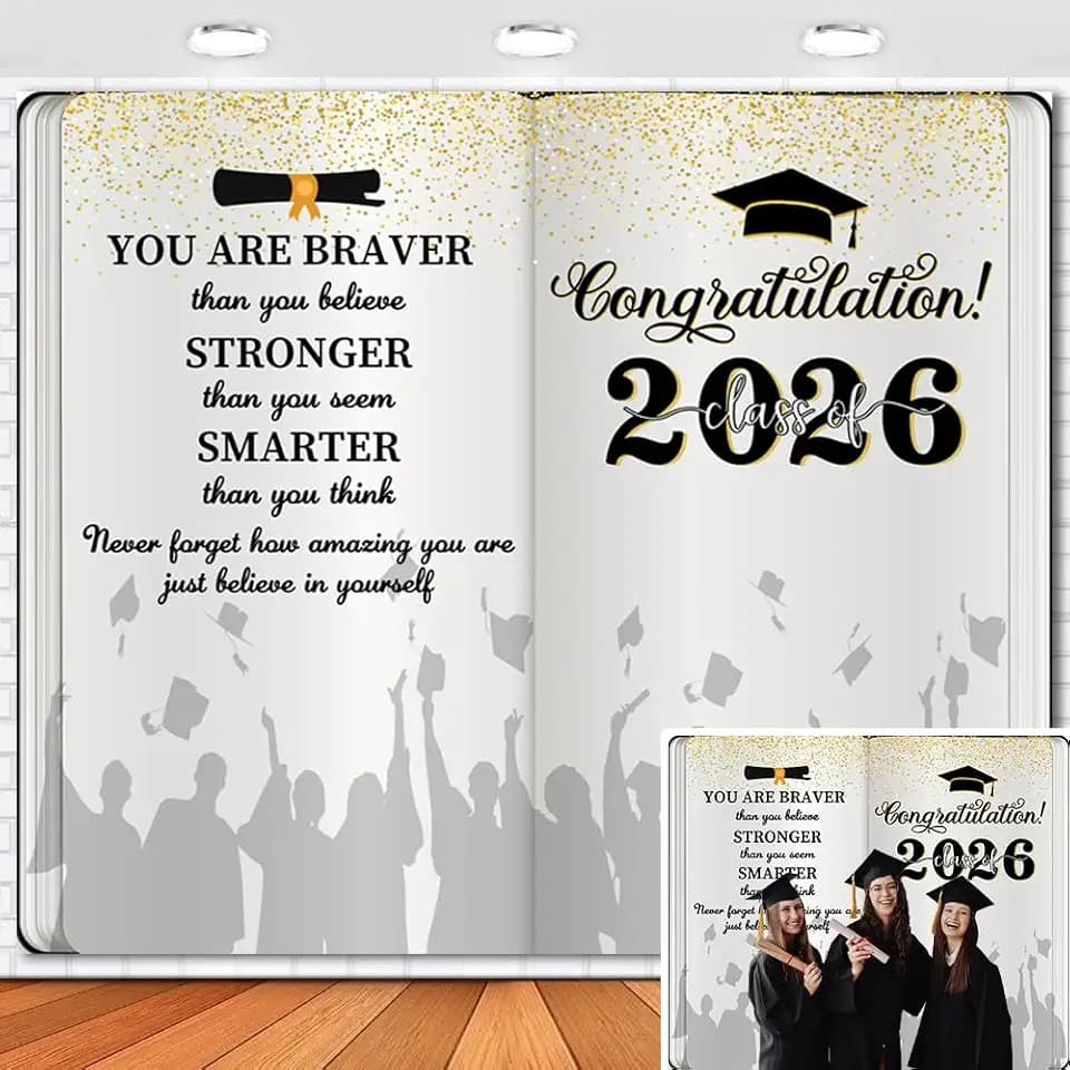 Leowefowa Class of 2026 Graduation Backdrop 10x8ft, Book Style Graduation Photography Background with Inspirational Quotes & Gold Glitter for 2026 Graduation Party, Photoshoot, Photo Booth Props