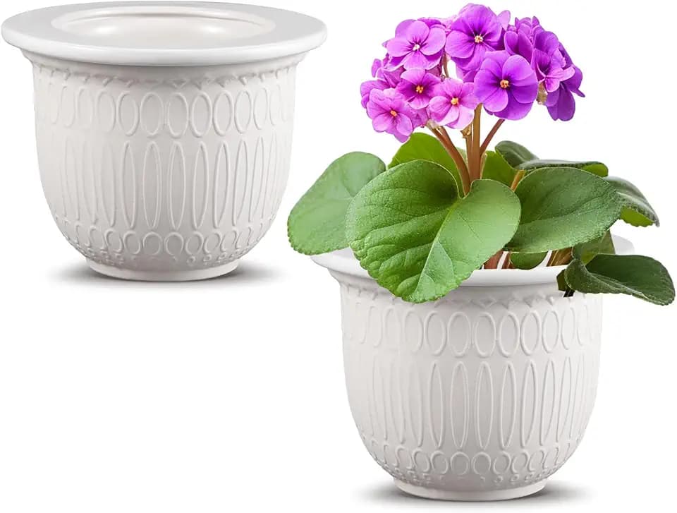 2 Set African Violet Pots Self Watering, 7 Inch White Ceramic Dolomite Clay, Easy Effortless Planter Pot for Indoor Plants Herbs Flowers Orchids Succulent, Ideal Gifts, Plant Not Included