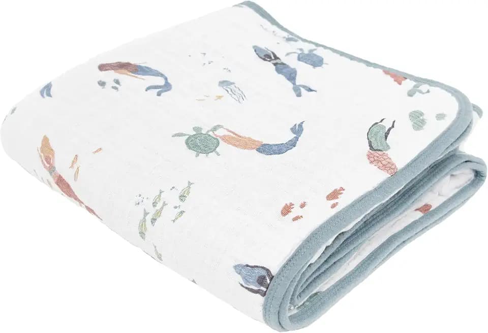 Little Unicorn Muslin Quilt Blanket | 100% Cotton Soft Multi-Layered Muslin Fabric | Toddler & Baby Blanket | 47”x47” | for Nursery, Crib, Shower Gifts (Mermaids)