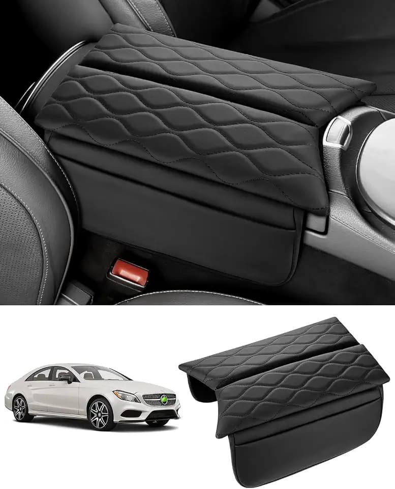 Karltys Center Console Cover for Mercedes Benz E Class W213 2017-2023, CLS 450 C257 2019-2023, PU Leather Armrest Cover Protector with Side Storage Pockets, Waterproof Console Pad, Black