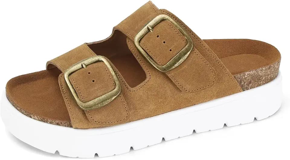 Genuine Leather Platform Sandals for Women Comfortable Summer Beach Slides Sandals with Double Adjustable Buckle