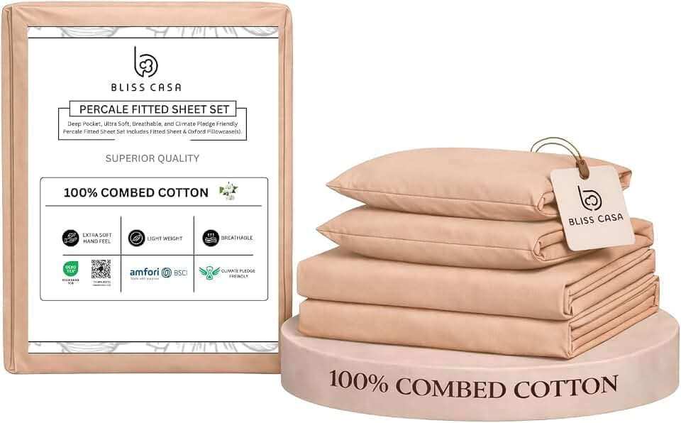 Bliss Casa Percale Cotton Sheet Set Full Size, 4‑Piece, 100% Combed Cotton Sheets, Crisp & Cool, 16 in Deep‑Pocket Fitted Sheet, 1 Flat Sheet & 2 Pillowcase with Zee Hem