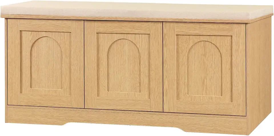 DINZI LVJ Shoe Storage Bench with Cushion, Door, Natural 39.4" LX17.7 H