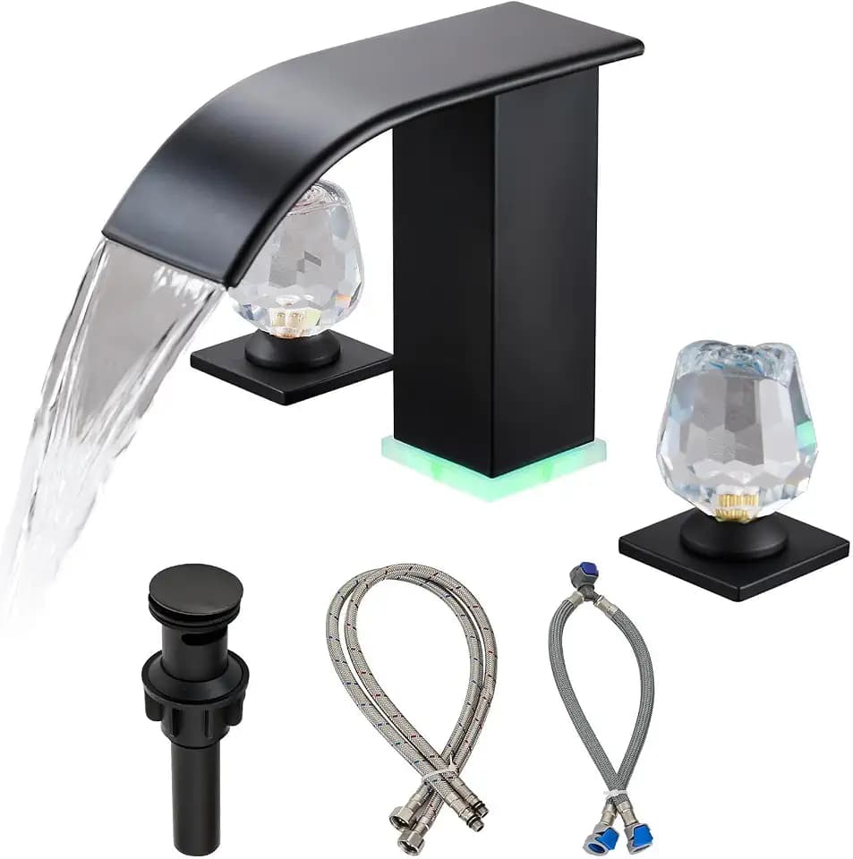 Matte Black Waterfall Bathroom Faucet 3 Hole, 8 inch Widespread Modern Sink Faucet with LED, 2 Handle Vanity Faucet for Bathroom Sink (Matte Black)
