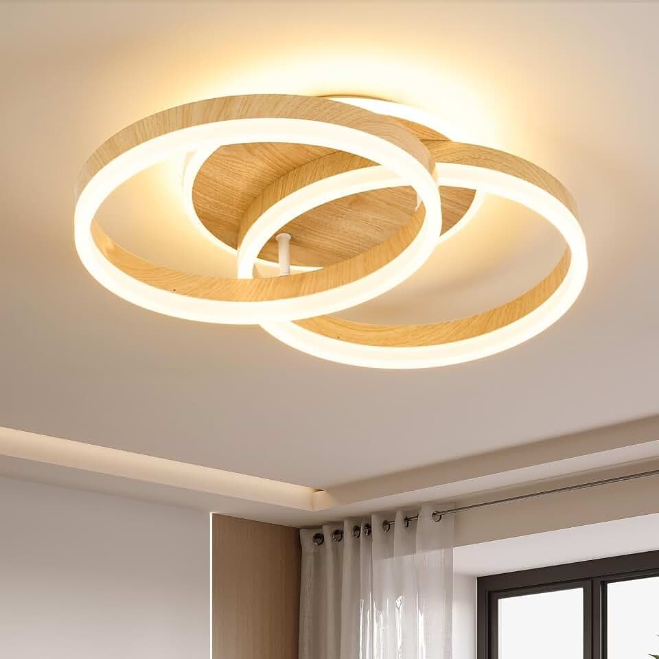 LED Deckenlampe Wohnzimmer 50cm 2-Ringe Design, 36W Deckenleuchte Moderne mit Fernbedienung Dimmbar, aus Acryl, Mit Nachtlicht Memory-Funktion, für Schlafzimmer, Esszimmer, Büro, Holzoptik