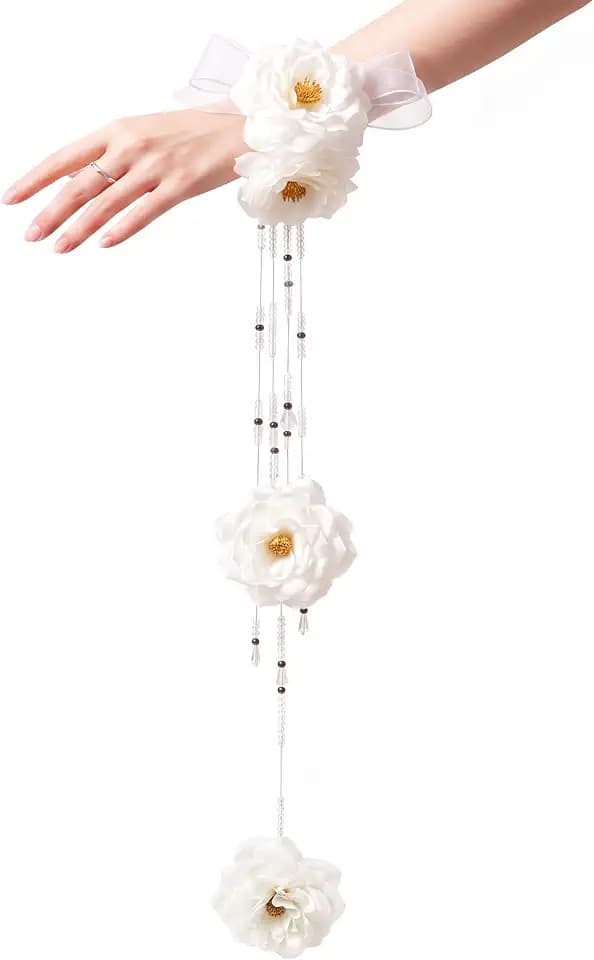 Silk Rose Wrist Corsage Hand Flower Bracelet with Beads,