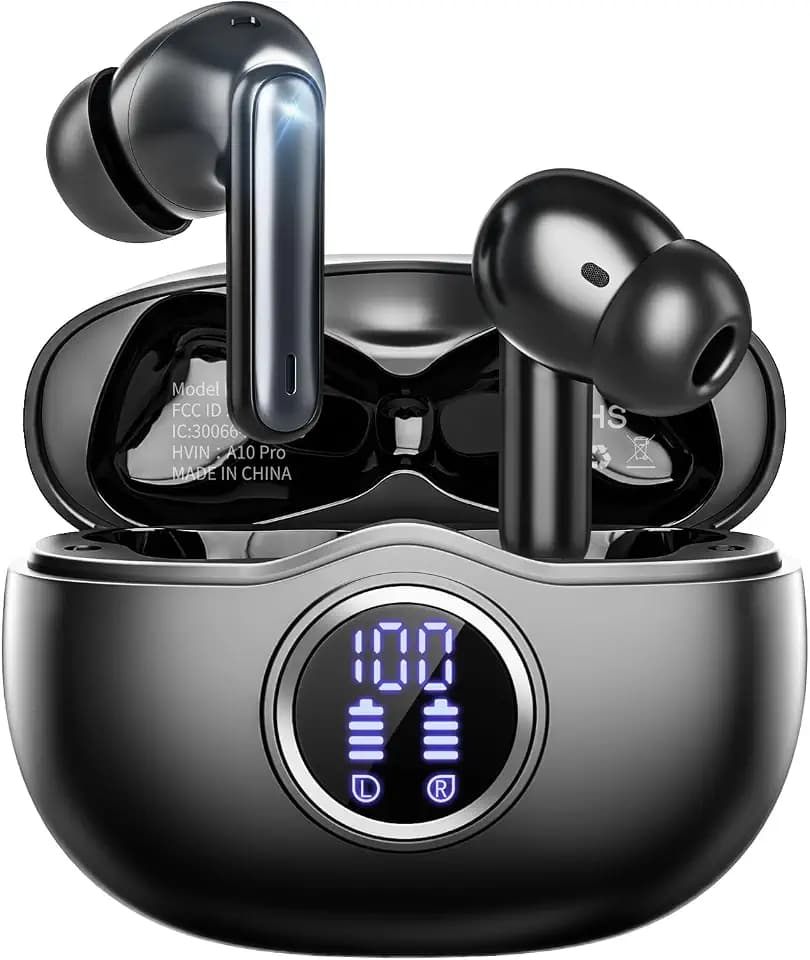 Wireless Earbuds, Bluetooth 5.3 Headphones HiFi Stereo 50H Playback LED Digital Display Ear Buds with ENC Noise Canceling Headset, IPX7 Waterproof Earphones for Gym/Running/Work(Black)