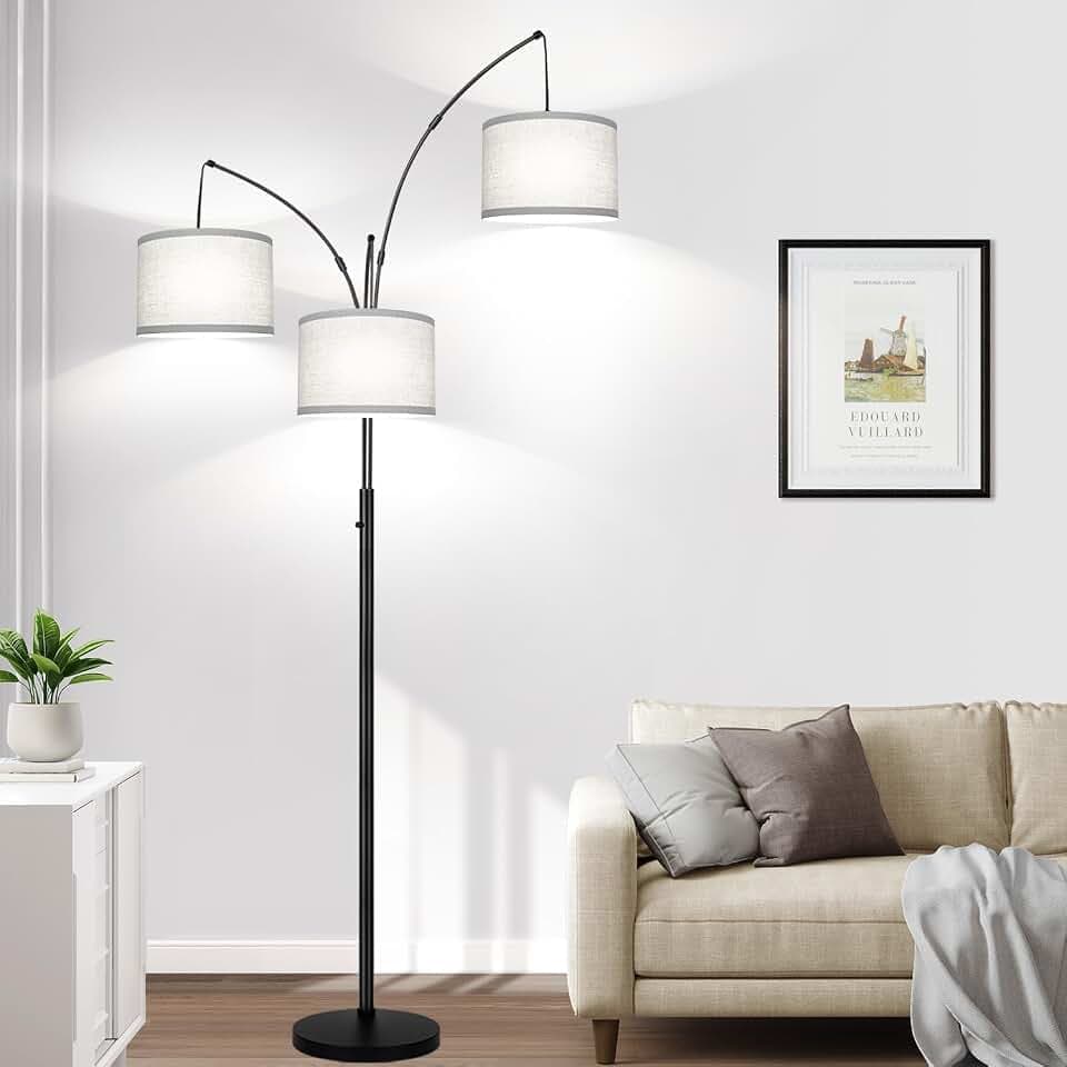 Dimmable Floor Lamp, 3 Lights Black Arc Floor Lamp, Modern Tall Standing Tree Lamp with Grey Linen Shades & Heavy Base, 3000LM LED Bulbs, Bright Lighting for Living Room, Bedroom, Office & Reading