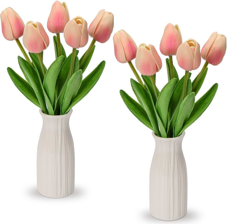 Briful Kunstblumen Künstliche Tulpen Blumen Wie Echt Real Touch Tulpen, Höhe 30 cm, mit Vase aus Keramik, Deko Kunstpflanze (Light Rosa)