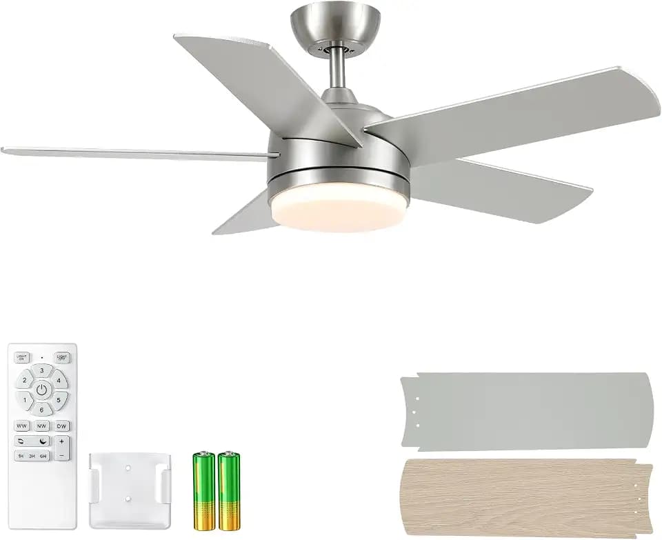 YUHAO 44 Inch Brushed Nickel Ceiling Fan with Light and Remote Control.Noiseless,Dimmable,3CCT,6 Speeds Reversible, DC Ceiling Fans for Indoor or Covered Outdoor Use.ETL Listed