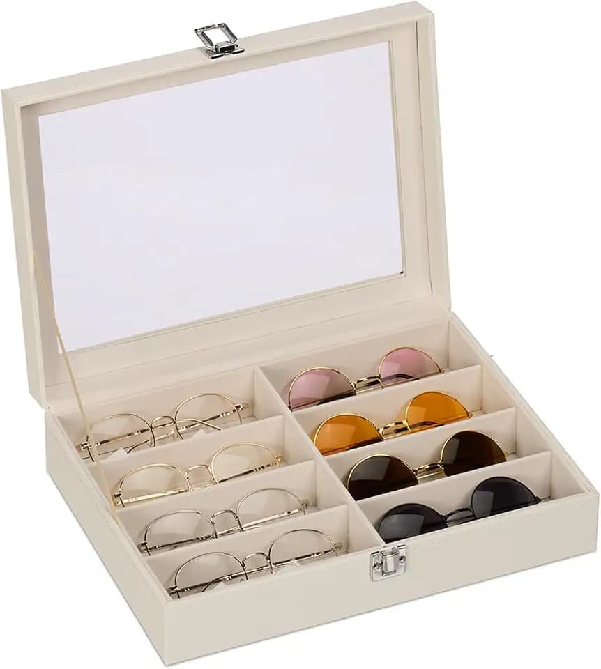 Relaxdays Brillenbox, 8 Brillen, Lederoptik, Samtbezug, Glasfenster, weiß