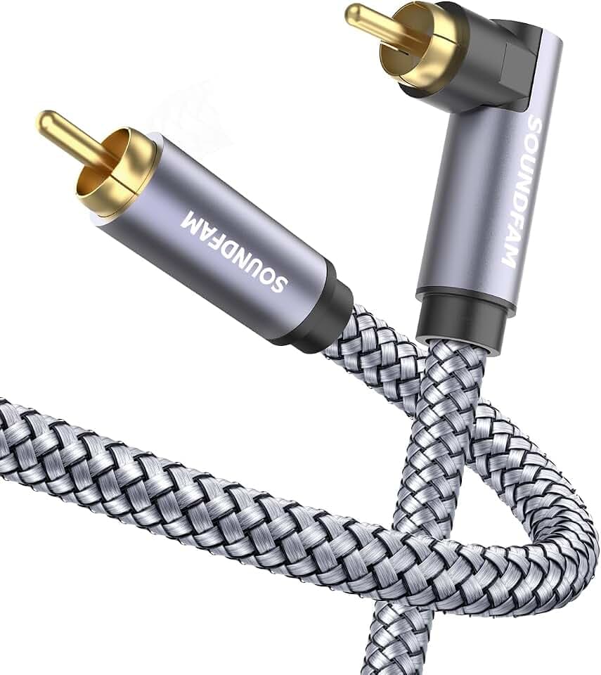 90 Degree Subwoofer Cable 1.6ft/0.5M,Right Angle RCA Cable Male to Male for Subwoofer，Amplifier-Grey