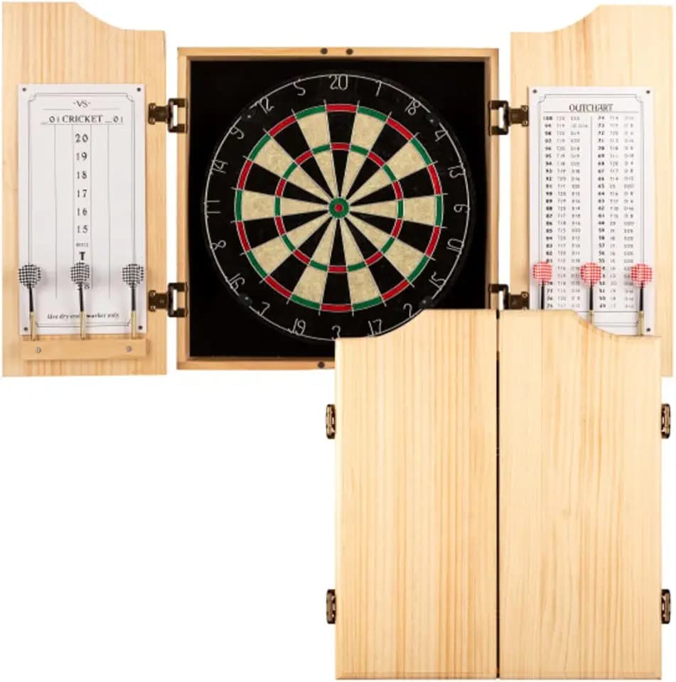 Dart Board Cabinet Set - Natural Pinewood Cabinet with Self-Healing Sisal Dartboard, 6 Steel Tip Darts, Dart Holders, Scoreboard, and Out Chart - Man Cave, Bar or Game Room Decor by Trademark Gameroom
