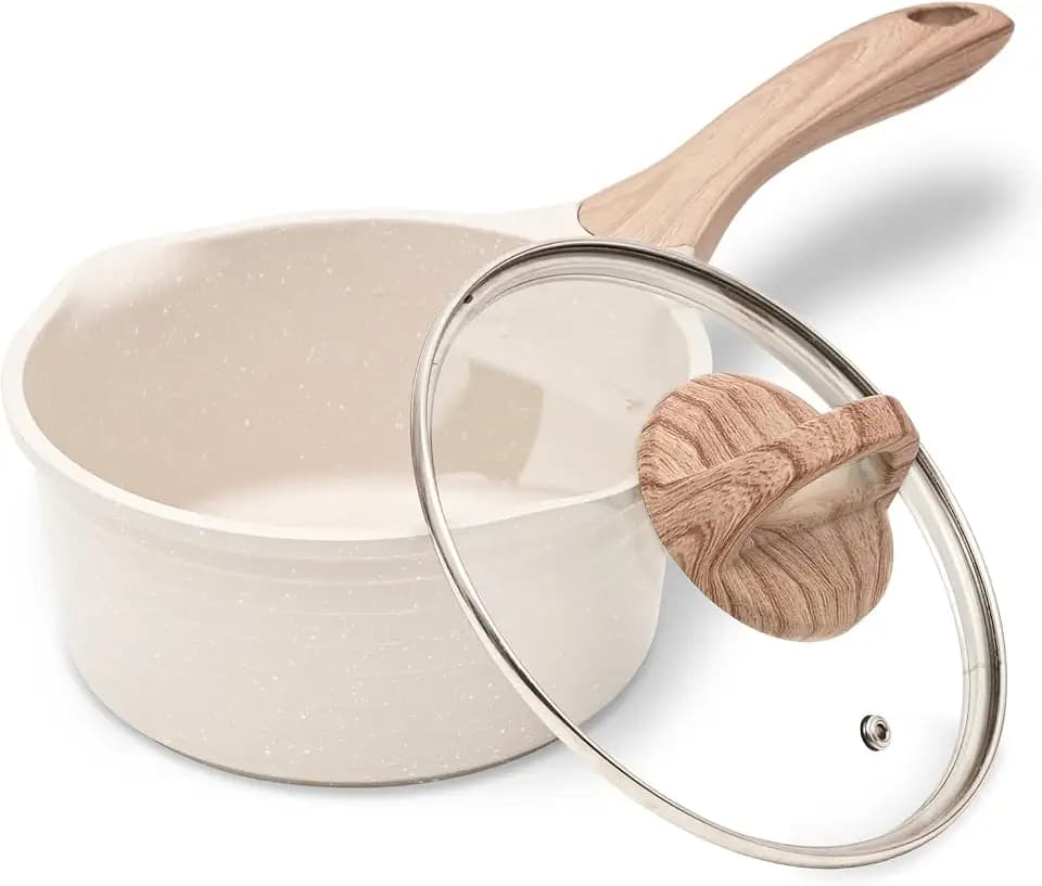 JEETEE Kochtopf 20 cm, 2.4L Kochtöpfe mit Deckel, Milchtopf Mit Hitzebeständigem Griff und Ausguss, Granit-Antihaft Topf Induktion, Stielkasserolle Geeignet für alle Herde, Beige