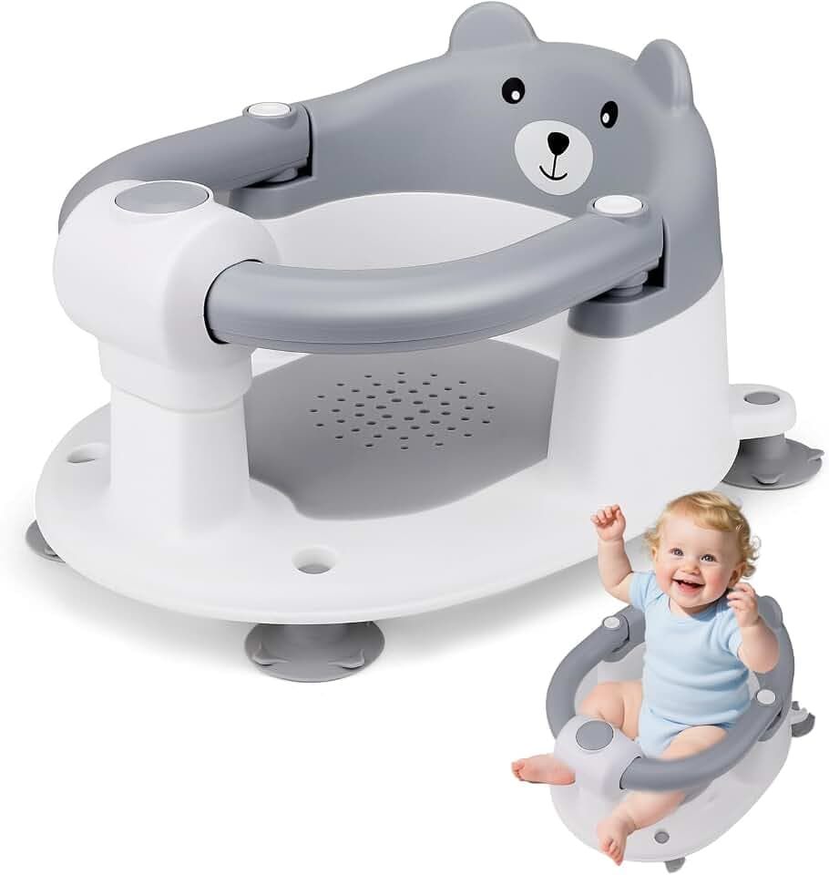 Badewannensitz Baby,Badesitz Baby ab 6 monate,Bär Rutschfester Badesitz mit 4 Saugnäpfen,Bbadewannen Sitzhilfe 360° Rundumschutz,Bad Dusche Geschenke für Neugeborene und Neue Mütter,Grau