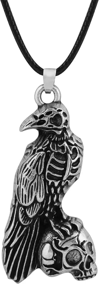 HAQUIL Raven Skull Necklace, Gothic Witchy Raven Bird Skeleton Skull Pendant, Faux Leather Cord, Goth Jewelry Gift