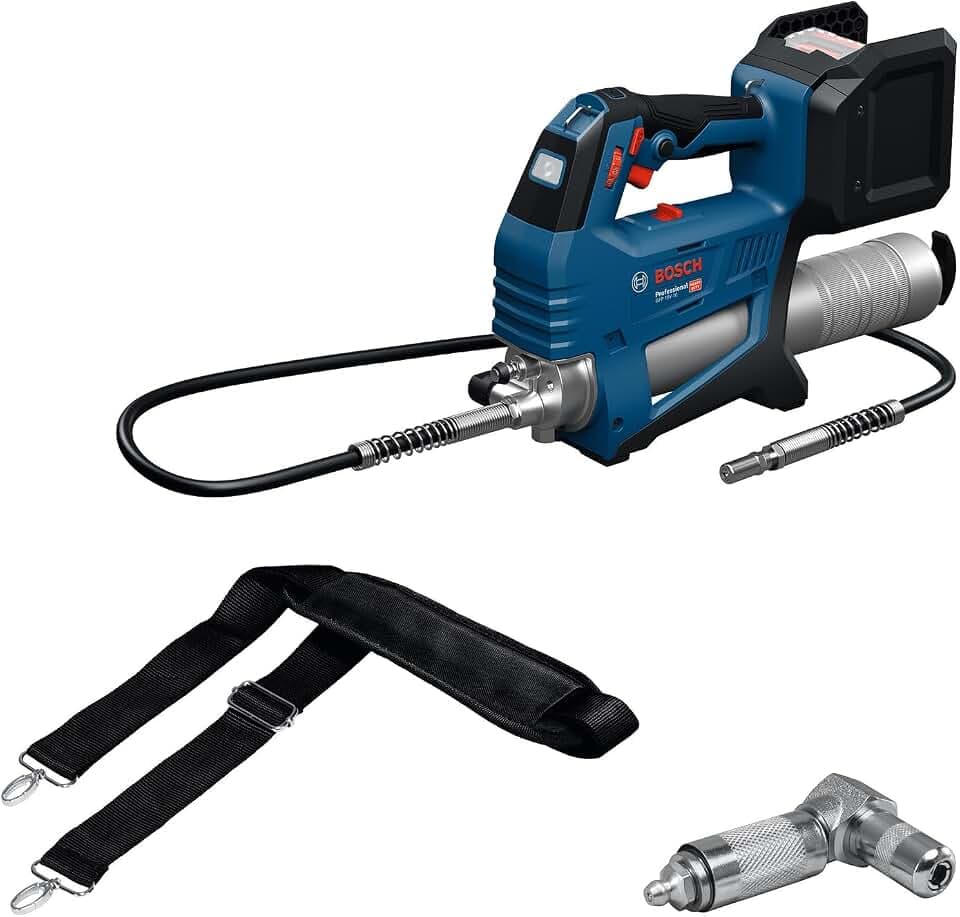 Bosch PRO 18V System Akku-Fettpresse GFP 18V-10 (max. Betriebsdruck 10.000 psi, max. Durchflussmenge 320 g/min, inkl. 90°-Kupplung, Schultergurt)