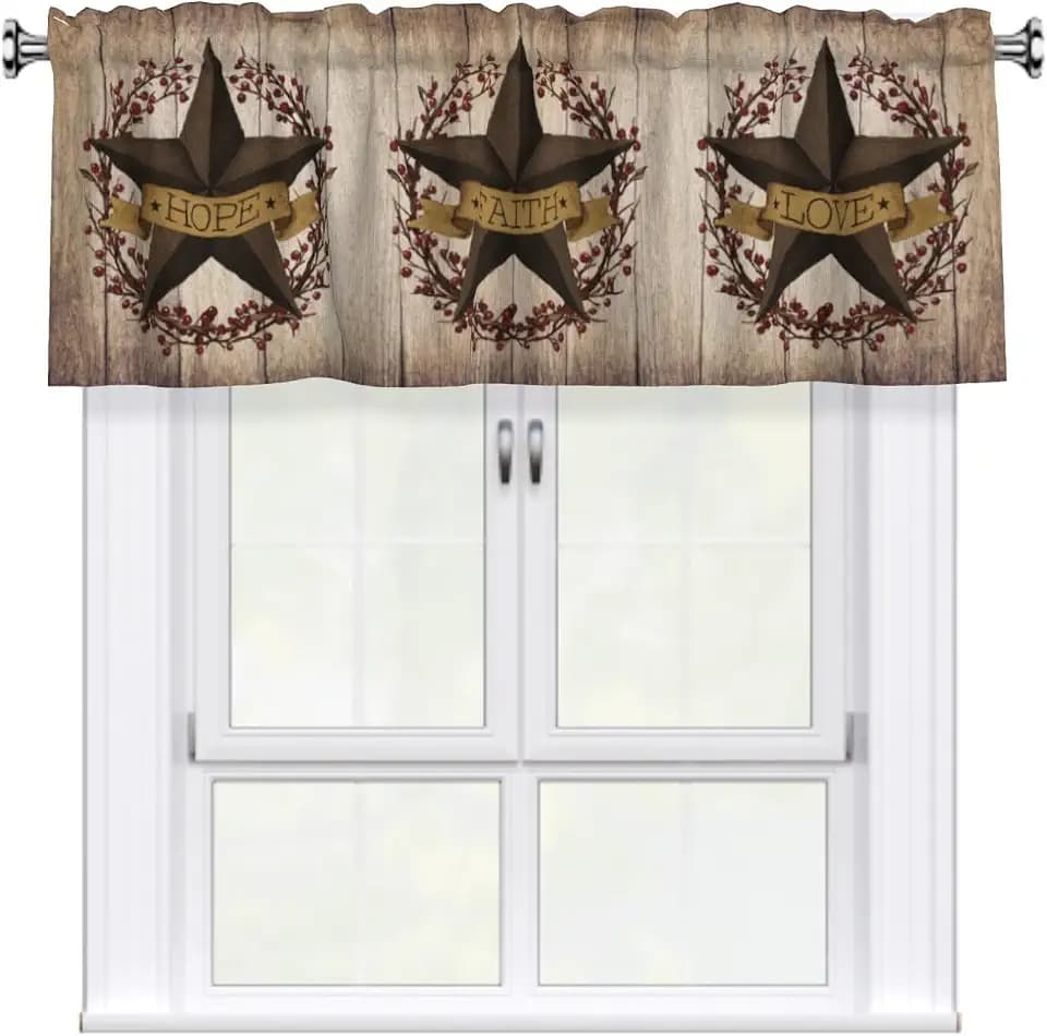 54"x18" Western Texas Stars Kitchen Valance for Window Rustic Wood Board Short Rod Pocket Valances 1 Pack Primitive Berries Farmhouse Curtain Valance for Bathroom Living Room Decor
