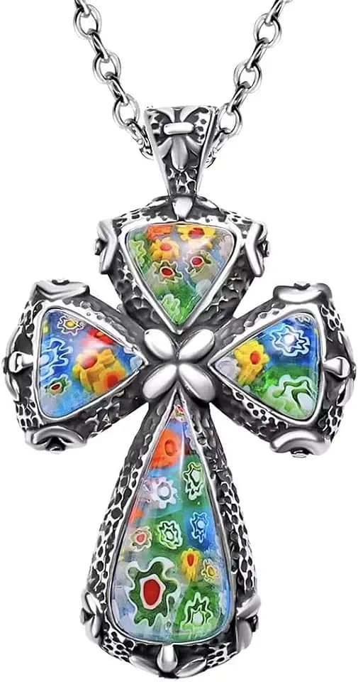 Shop LC Stainless Steel Cross Necklace, Rainbow Color Murano Style Glass