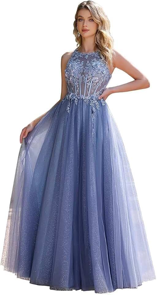 Misshow Luxuriöses Abendkleid für Zeremonie, lang, glitzernd, mit floralen Applikationen, schick, aus Tüll