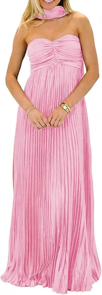 Women Bridesmaid Dresses with Scarf Strapless Pleated Flowy Solid Long Formal Wedding Guest Dress Womens Fall Dresses