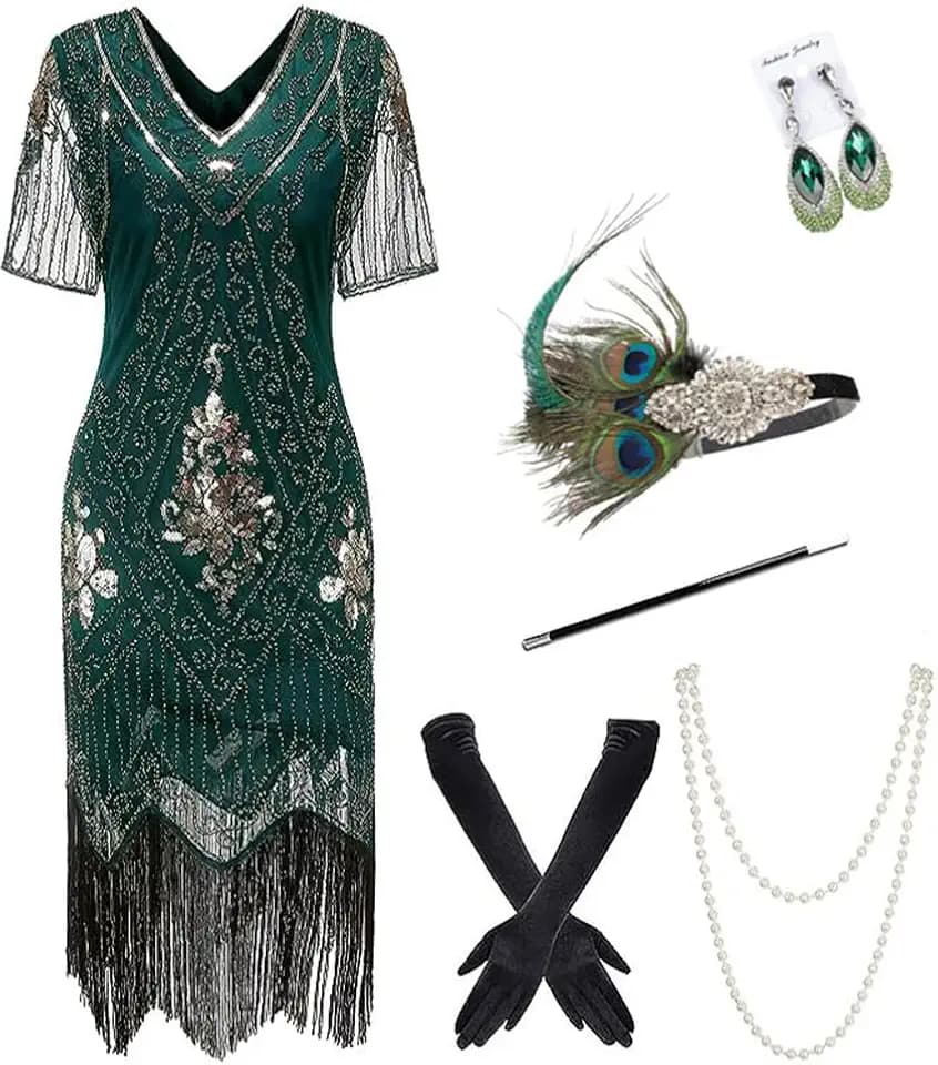 866A - 1920s Vintage Fringed Gatsby Sequin Beaded Tassels Hem Flapper Party Prom Cocktail Dress with Accessories