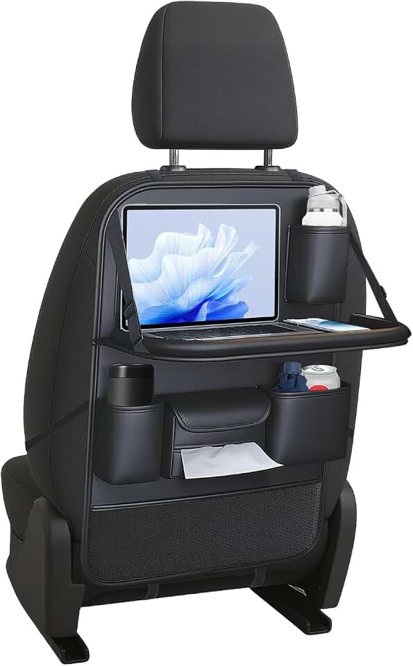 3-in-1 Auto-Organizer mit Klapptisch & Sitzschutz, 4mm Ultradicke Premium-Leder, Faltbarer Reisetisch für Kinder, Inkl Staufach & Aufbewahrungstasche – Auto-Innenausstattung (schwarz)