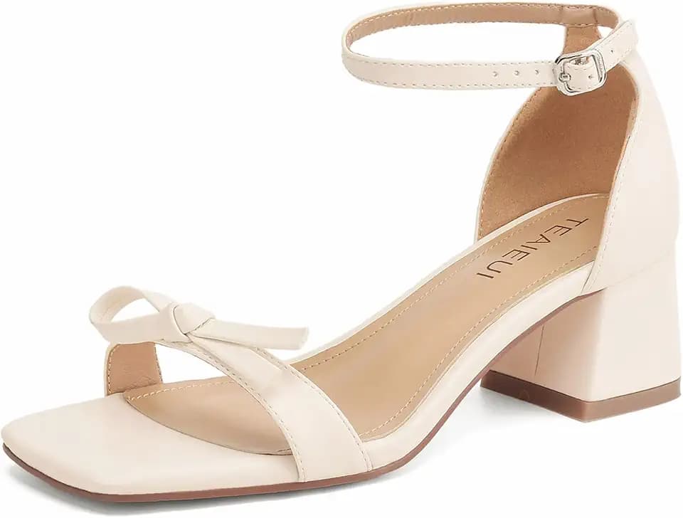 TEAIEUI Women's Heeled Sandals Strappy Low Block Heels Chunky for Women Comfortable Ankle Strap Open Toe Party Wedding Dress Shoes for Women Dress, Beige, Size 7