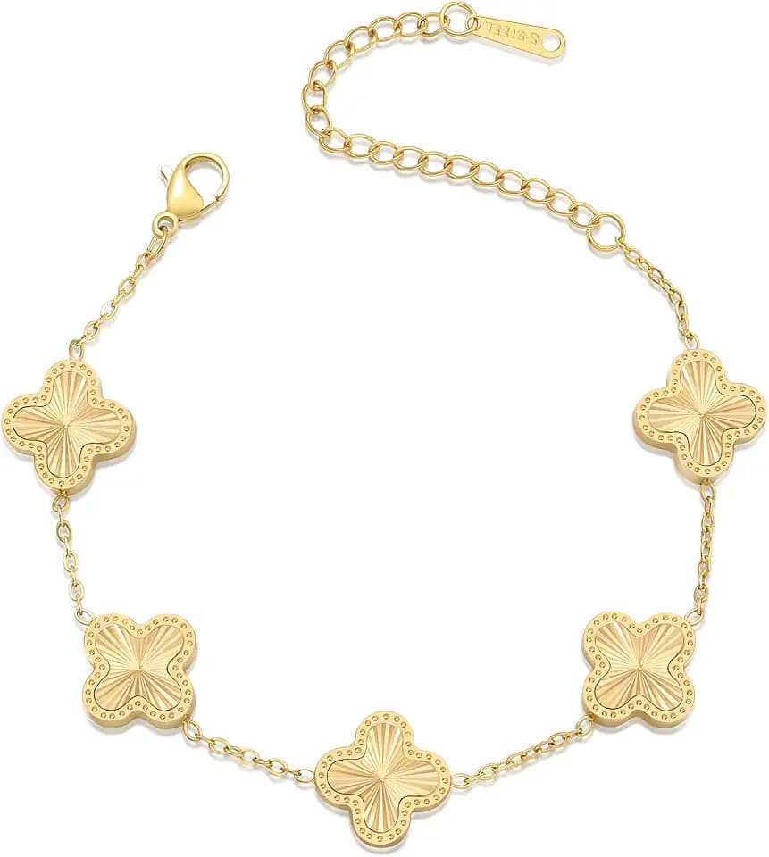 AIPPK 18K Gold Plated Clover Bracelet Dupes Gold Danity Bracelet for Women Flower Four Leaf Bracelets Lucky Jewelry Gifts for Women