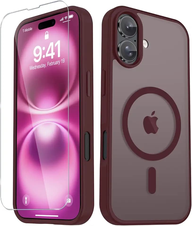 YENAPOON for iPhone 16 Case, Matte Magnetic Phone Cover, Wine Red