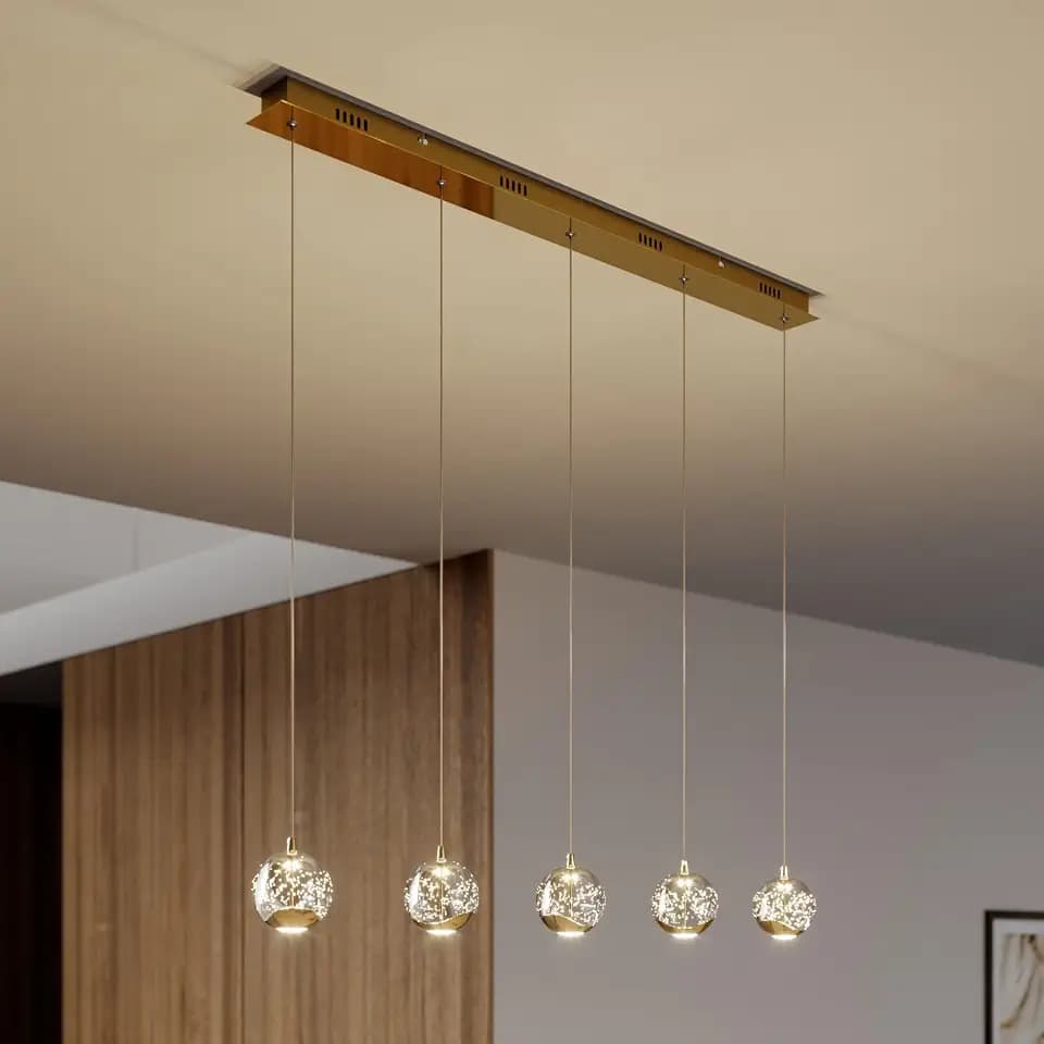37.8" Modern LED Linear Pendant Light Fixture, 5-Light Gold Kitchen Island Ceiling Light with 3.54" Bubble Glass Globe Shades, Integrated 3000K Warm White LED Light for Kitchen, Living Room