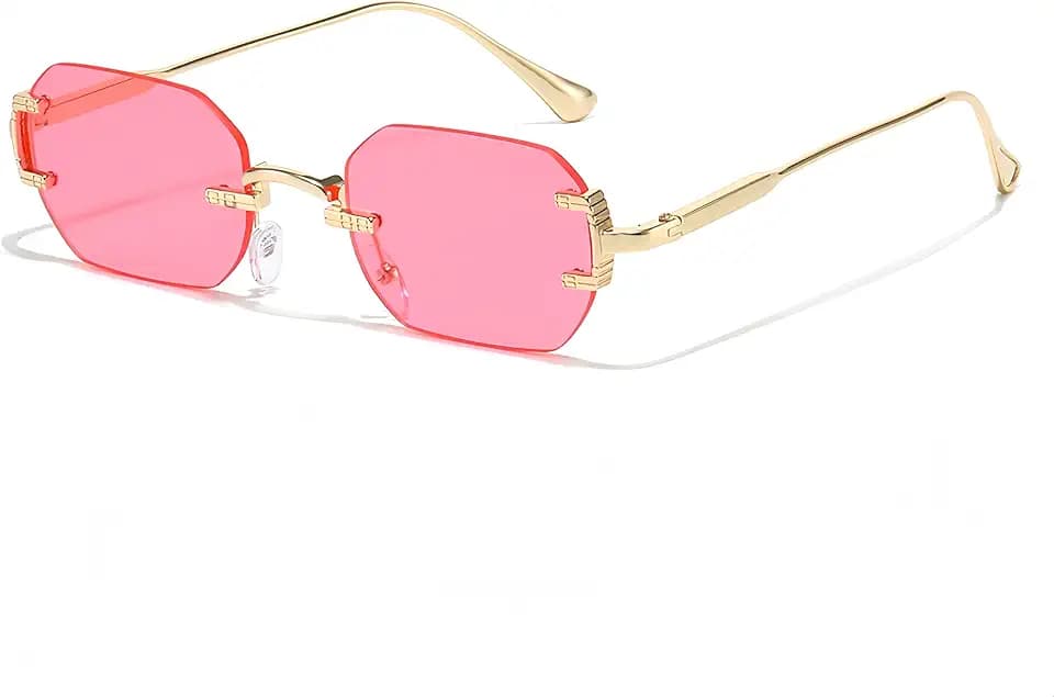 Achteckige Randlose Sonnenbrille für Damen Herren,UV400 Schutz,Gold Metallrahmen Brille