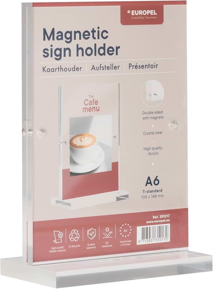 EUROPEL Luxe Tischaufsteller DIN A6, T-Aufsteller, mit Magneten, Hochformat, Acryl, Speisekarten & Prospekthalter für Restaurants, Hotels, Konferenz & Rezeption, freistehend & doppelseitig verwendbar