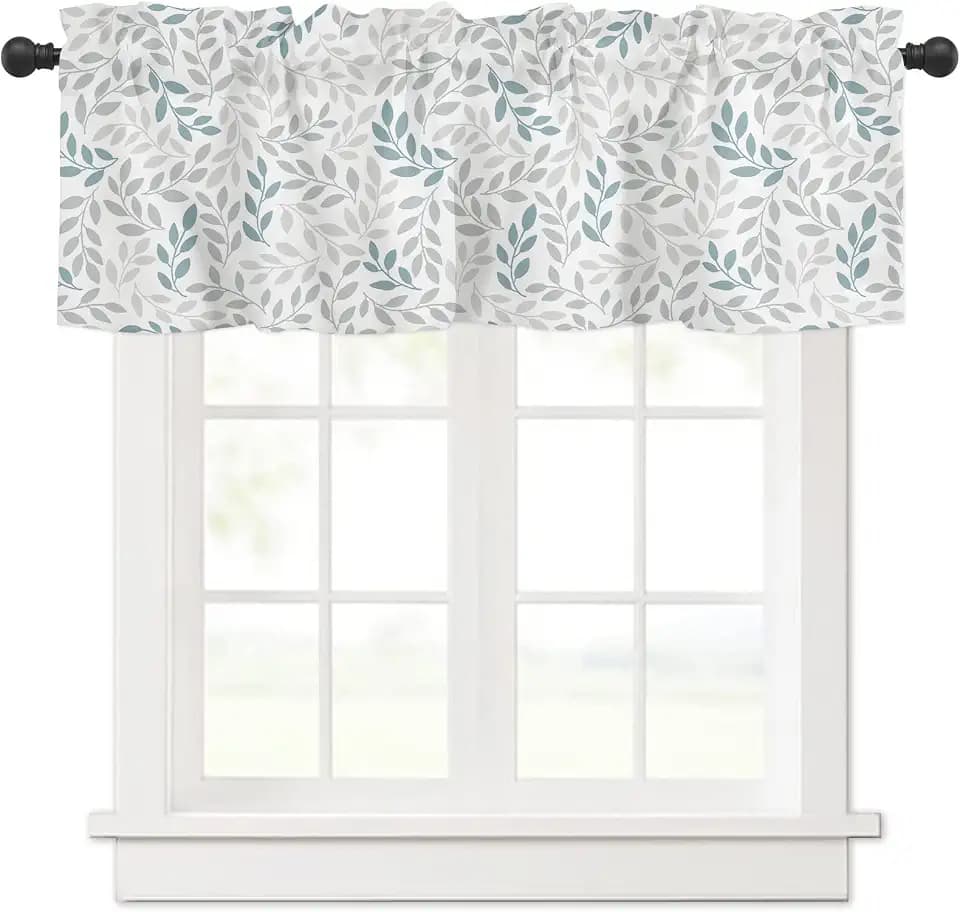 Farmhouse Valance Teal Blue Grey Leaf Curtains Valances for Windows