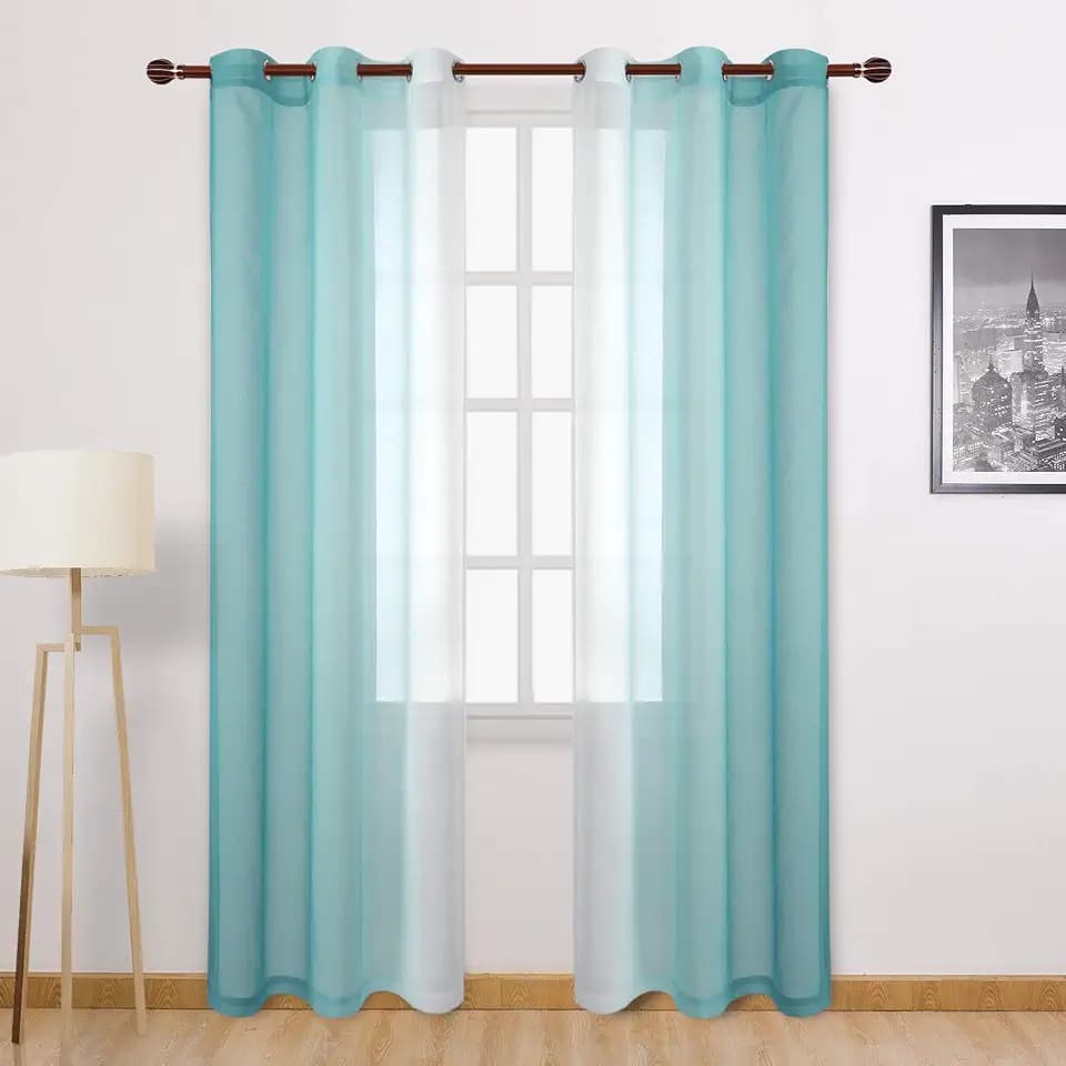 DWCN Ombre Sheer Curtains - Faux Linen Gradient Semi Voile Grommet Top Bedroom and Living Room Curtains, Set of 2 Window Curtain Panels, 42 x 84 Inches Long, Teal