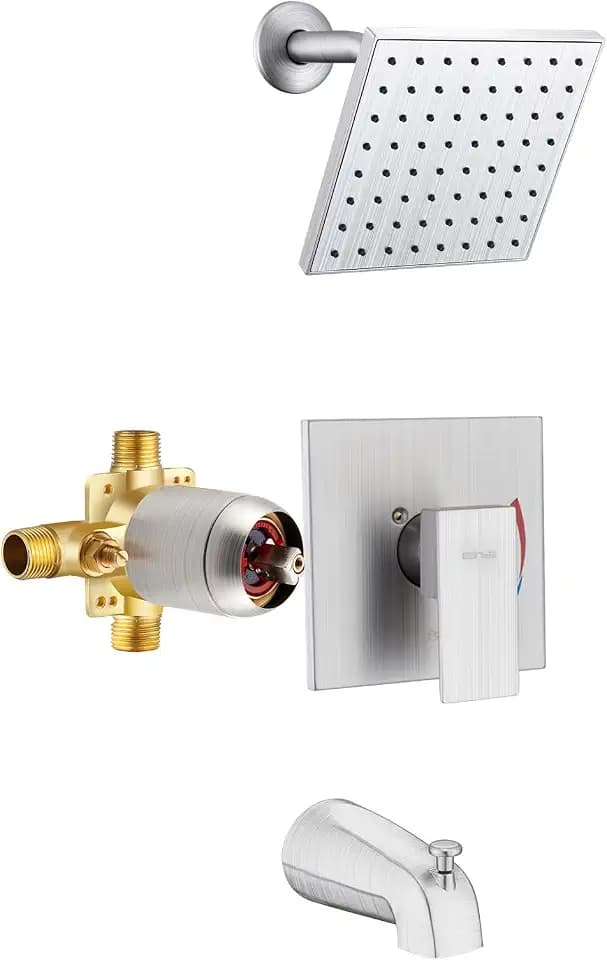 Esnbia Brushed Nickel Shower Faucet Set: 6" Rain Head, Valve & Trim Kit
