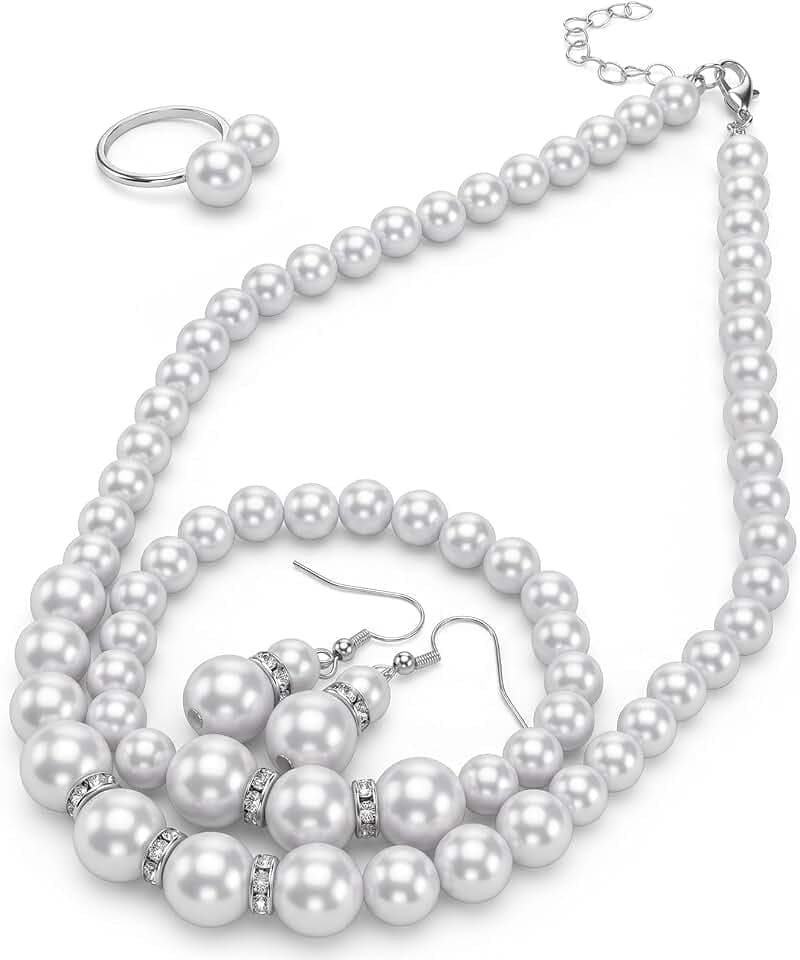 Ymapinc 4 Pcs Pearl Necklace and Earring Set, Big Pearl Jewelry Set for Women, Elegant Bracelet Ring Collection, Classic Costume Jewelry for Wedding Bridesmaid Party Daily Wear