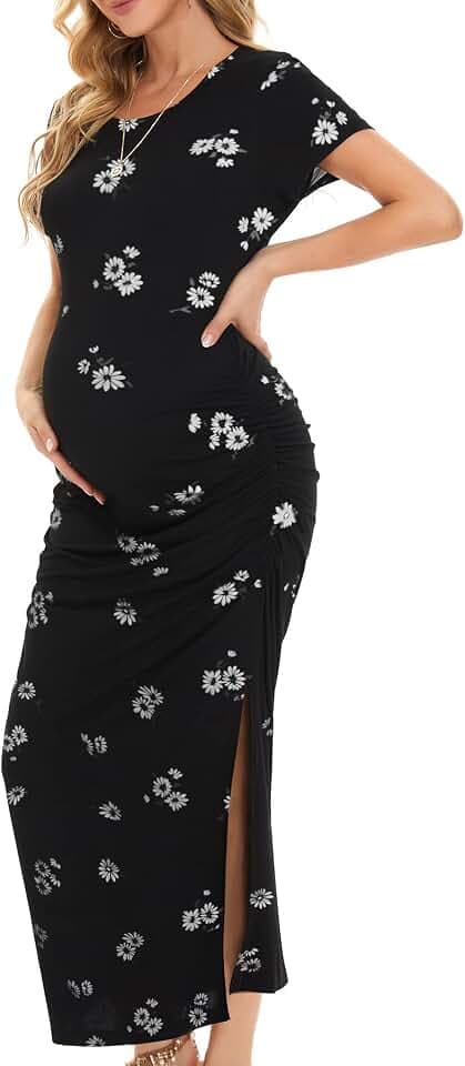 Smallshow Damen Lang Split Umstandskleid Sommer Kurzarm Umstandsmode SVP121 XXL